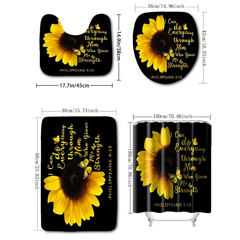 Sunflower Butterfly Shower Curtain Waterproof Fabric Bathroom Decor