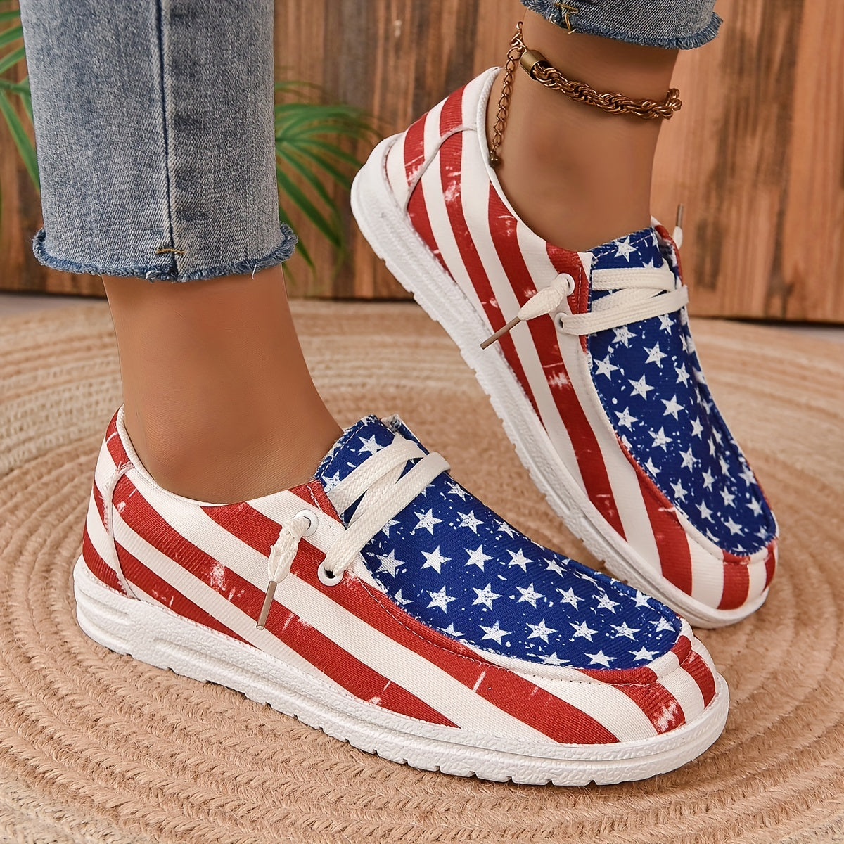 Women's Star & Striped Canvas Shoes Casual Lace Up Outdoor Sneakers Lightweight