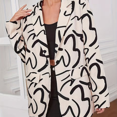 Allover Print Lapel Neck Blazer Business Casual Flap Pockets Long Sleeve Blazer