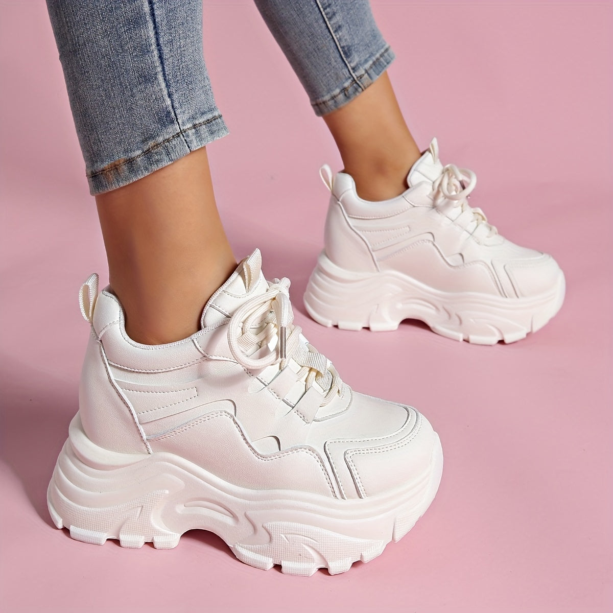 Women's Lace Up Platform Chunky Sneakers Thick Sole Walking Shoes