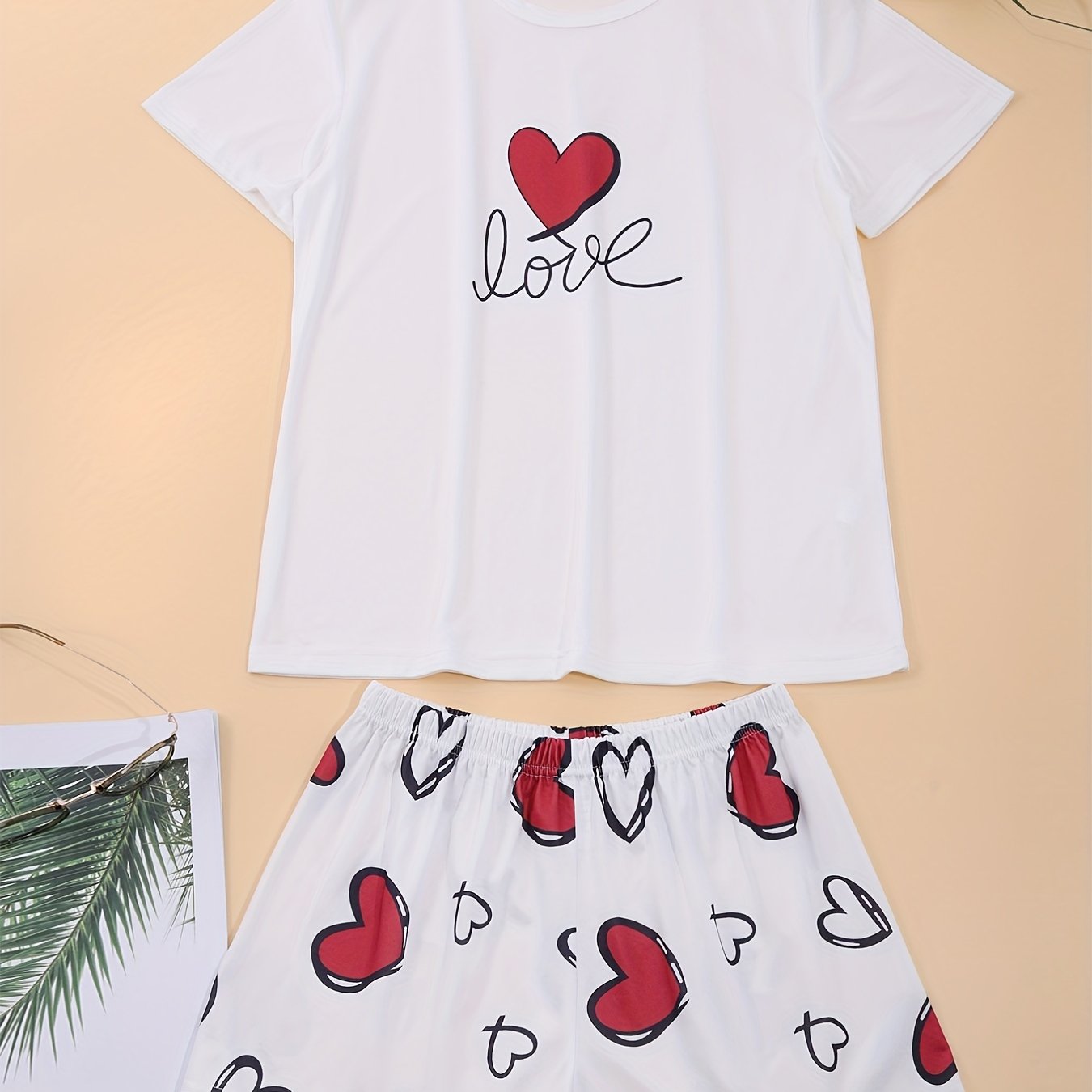 Heart Print Pajama Set Short Sleeve Crew Neck Top & Elastic Waistband Shorts