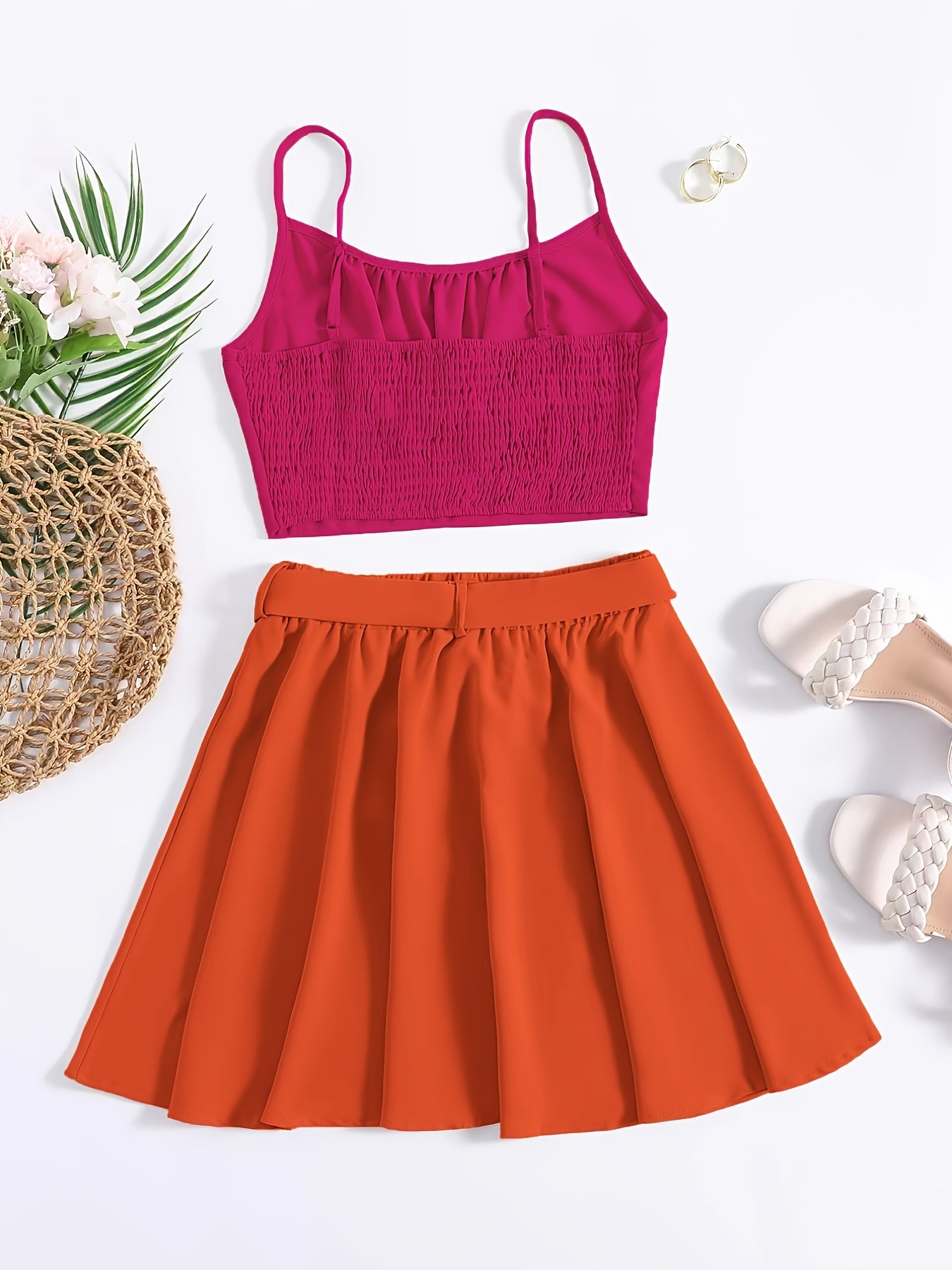 Sexy Block Skirt Two piece Set Pleated Crop Cami Tops