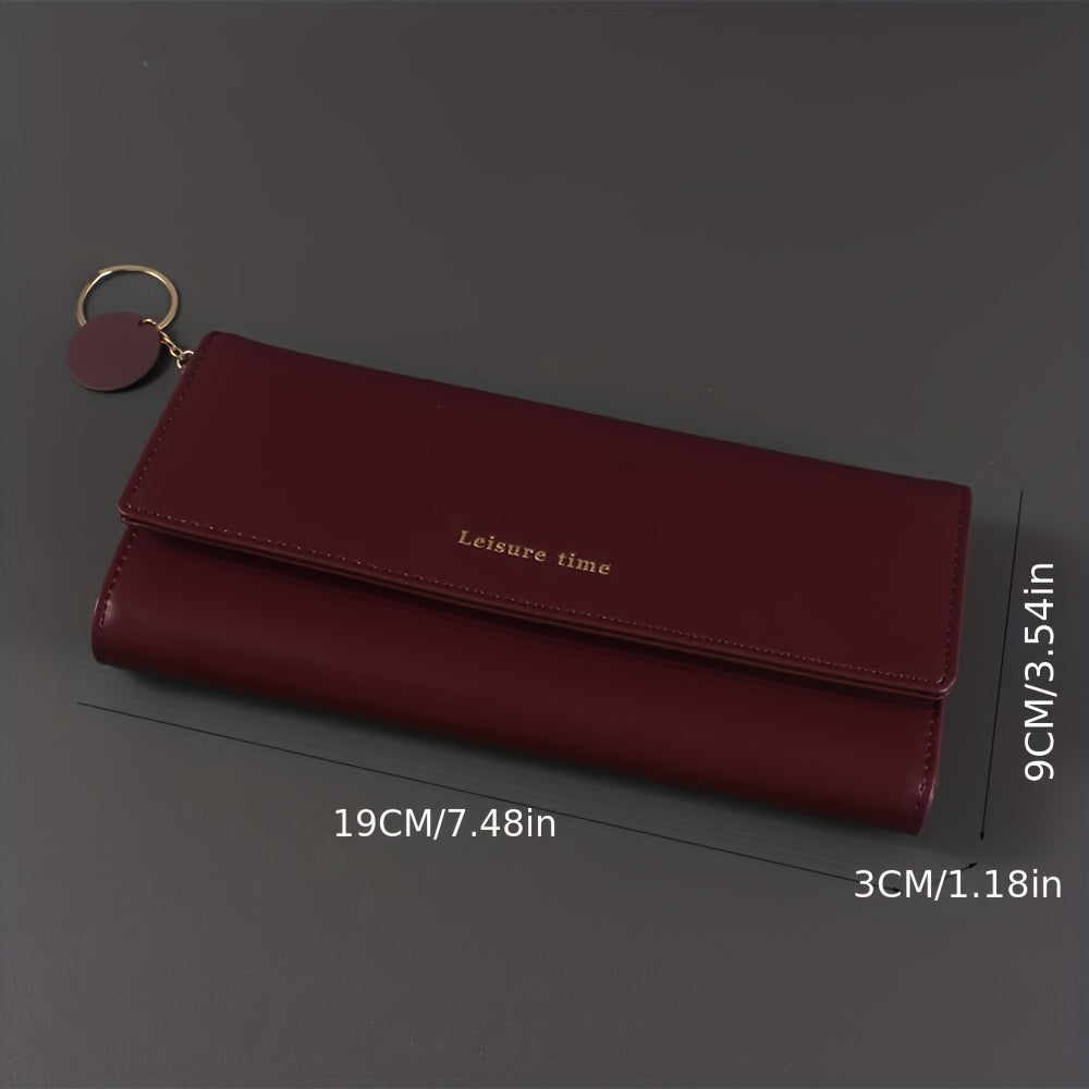 Maroon Long Wallet Women's Casual Synthetic Leather Tri Fold Zipper Closure