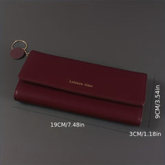 Maroon Long Wallet Women's Casual Synthetic Leather Tri Fold Zipper Closure