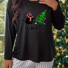 Cat & Christmas Tree Print Long Sleeve Lounge Top