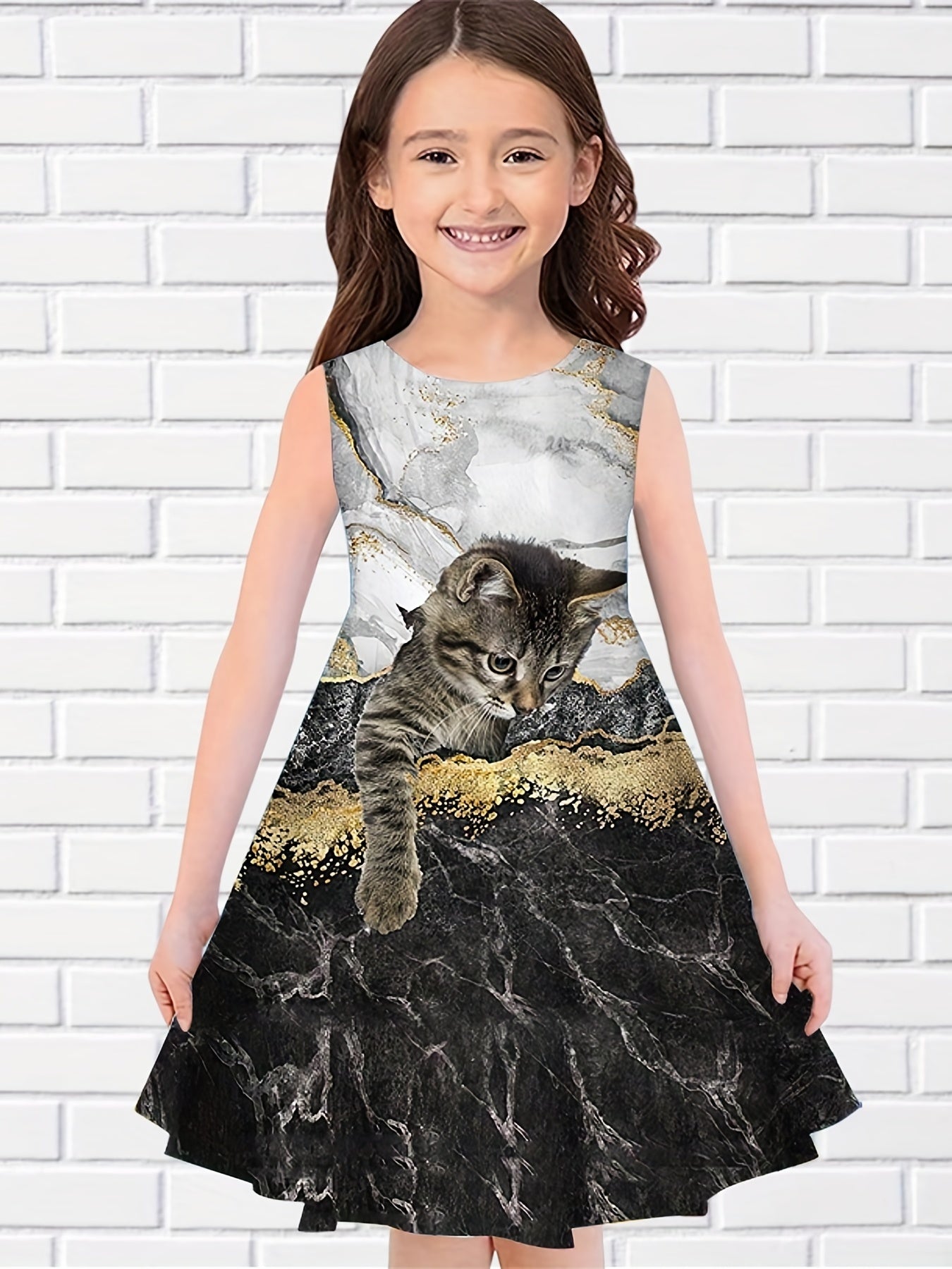 Girl's 3D Cat Print Dress - Summer Outfit