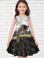 Girl's 3D Cat Print Dress - Summer Outfit