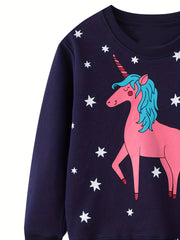 Girls Unicorn Stars Crew Neck Sweatshirt Top For Sports Casual Outfit
