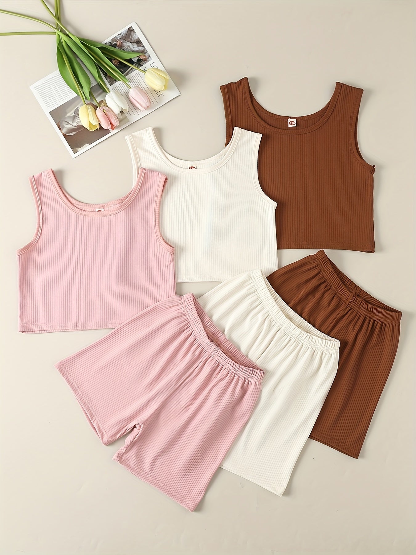 3 Sets Girls Ribbed Knit Tank Top & Shorts Summer Clothes