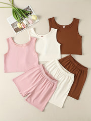 3 Sets Girls Ribbed Knit Tank Top & Shorts Summer Clothes