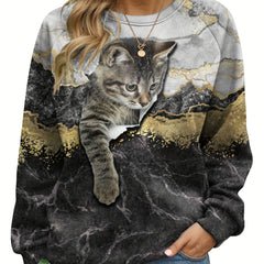 Cat Print Pullover Sweatshirt Crew Neck Casual Long Sleeve for Fall & Winter