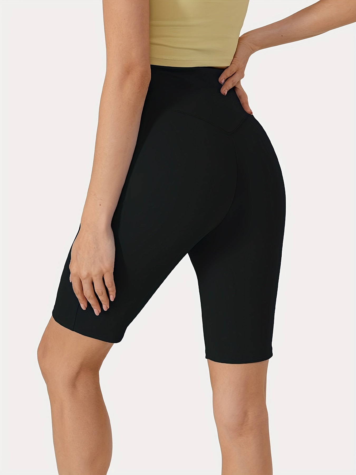 High Waist Biker Shorts Stretchy Pockets Knee Length Yoga Pants