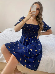 Butterfly Print Puff Sleeve Dress Square Neck Shirred