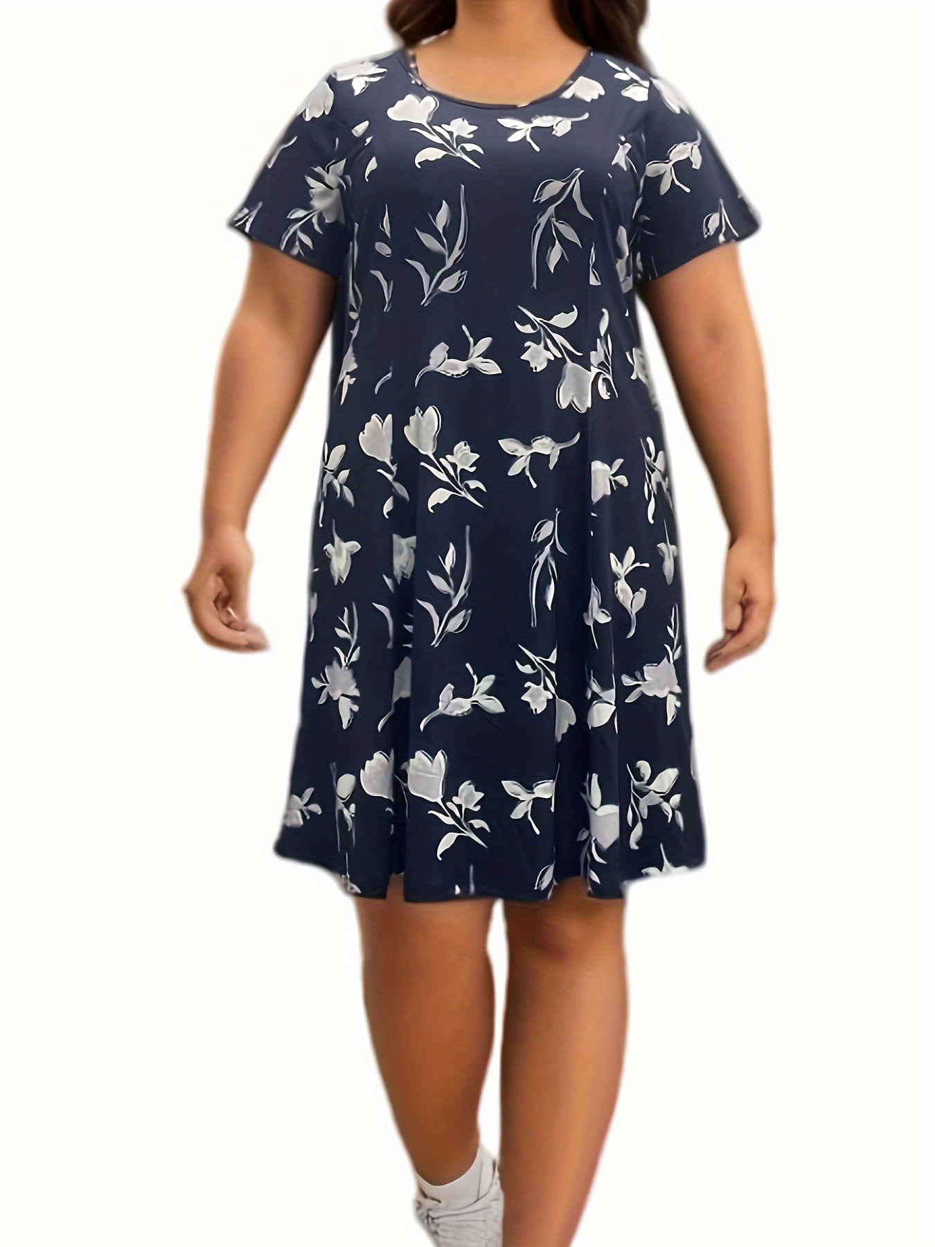 Women's Plus Floral Print Short Sleeve Round Neck Knee Length Dress