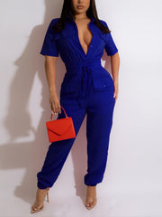 Solid Crop Sleeve Blouse Collar Fitted Tie Women Leisure Cargo Jumpsuit