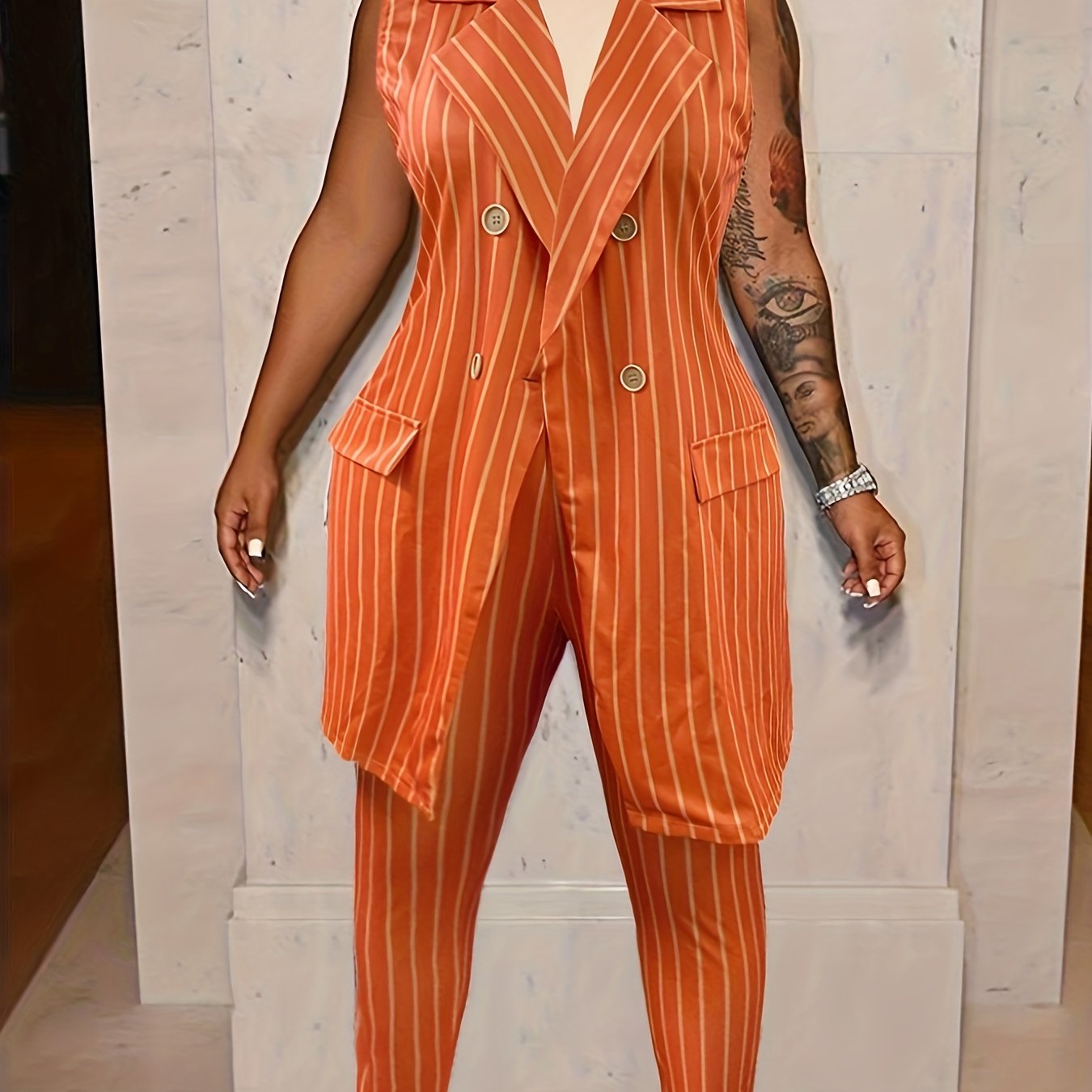 Striped Double Button Vest Coat & Pants 2 Piece Set