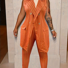 Striped Double Button Vest Coat & Pants 2 Piece Set