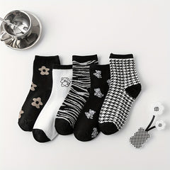 5 Pairs Cartoon Pattern Mid Tube Socks for Women