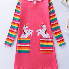 Girls Unicorn Embroidered Long Sleeve Casual Dress