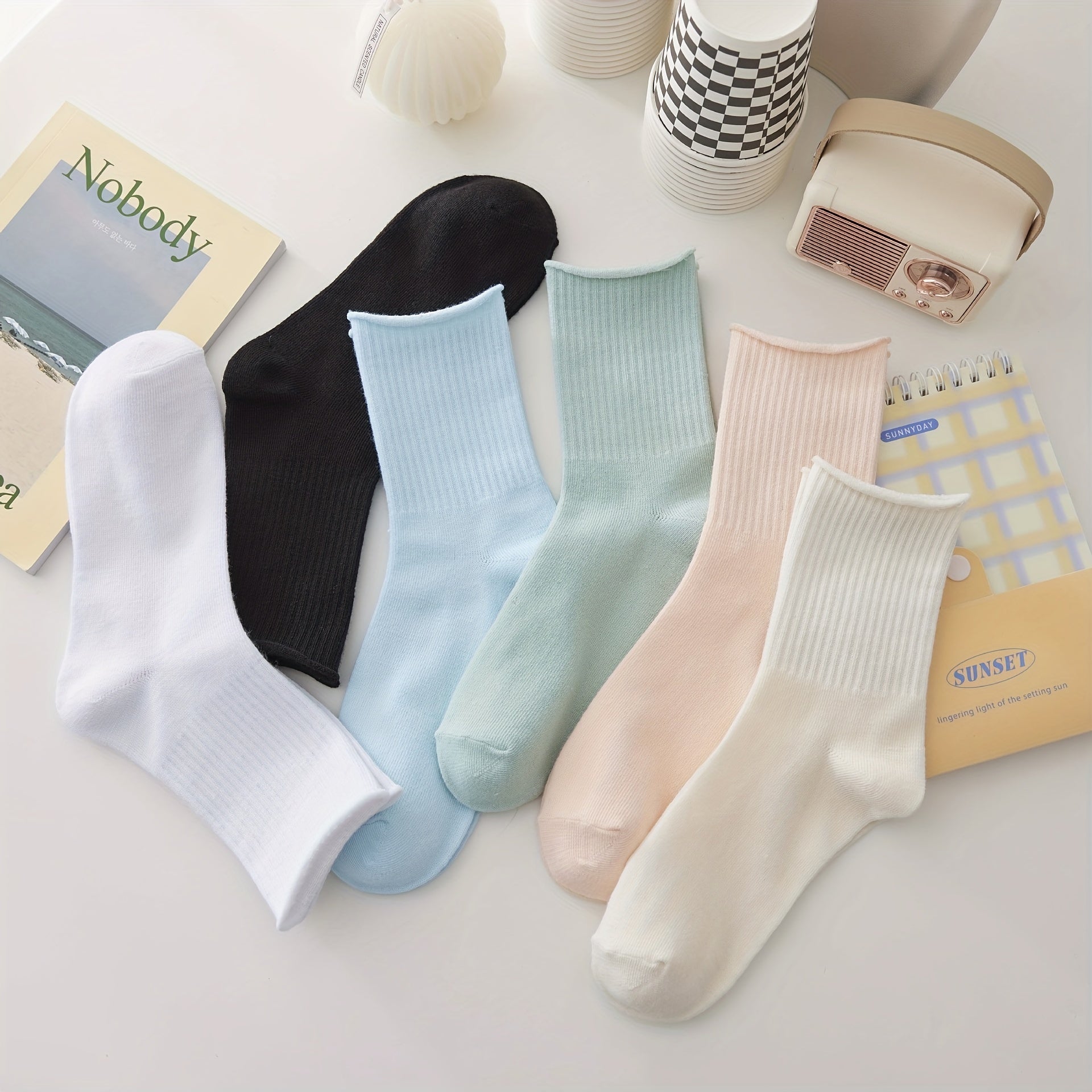 6 Pairs Solid Mid-Tube Curling Socks for Women