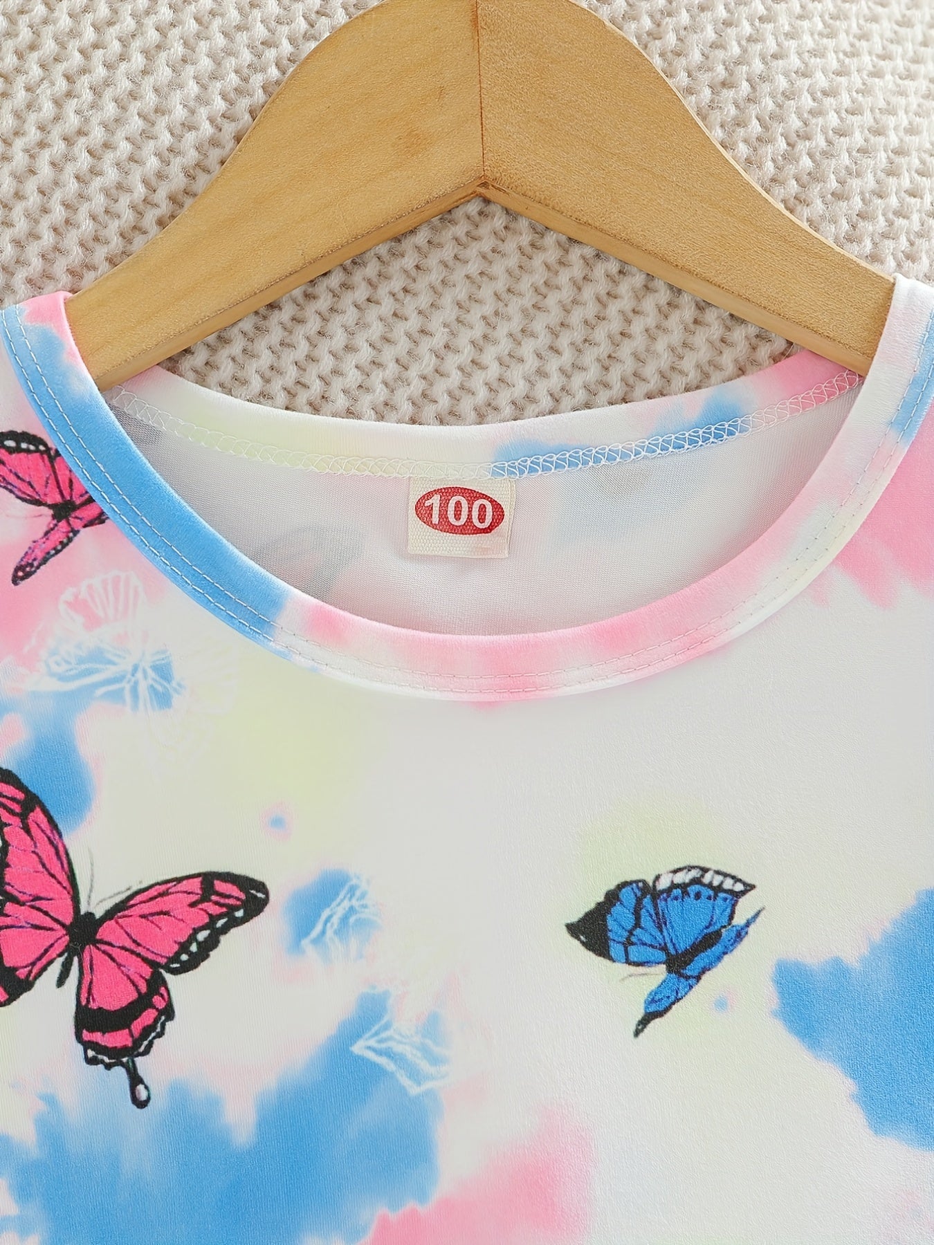 Kid's Butterfly Tie dye Print Pajama Set Long Sleeve Top & Elastic Waist Pants