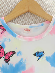 Kid's Butterfly Tie dye Print Pajama Set Long Sleeve Top & Elastic Waist Pants