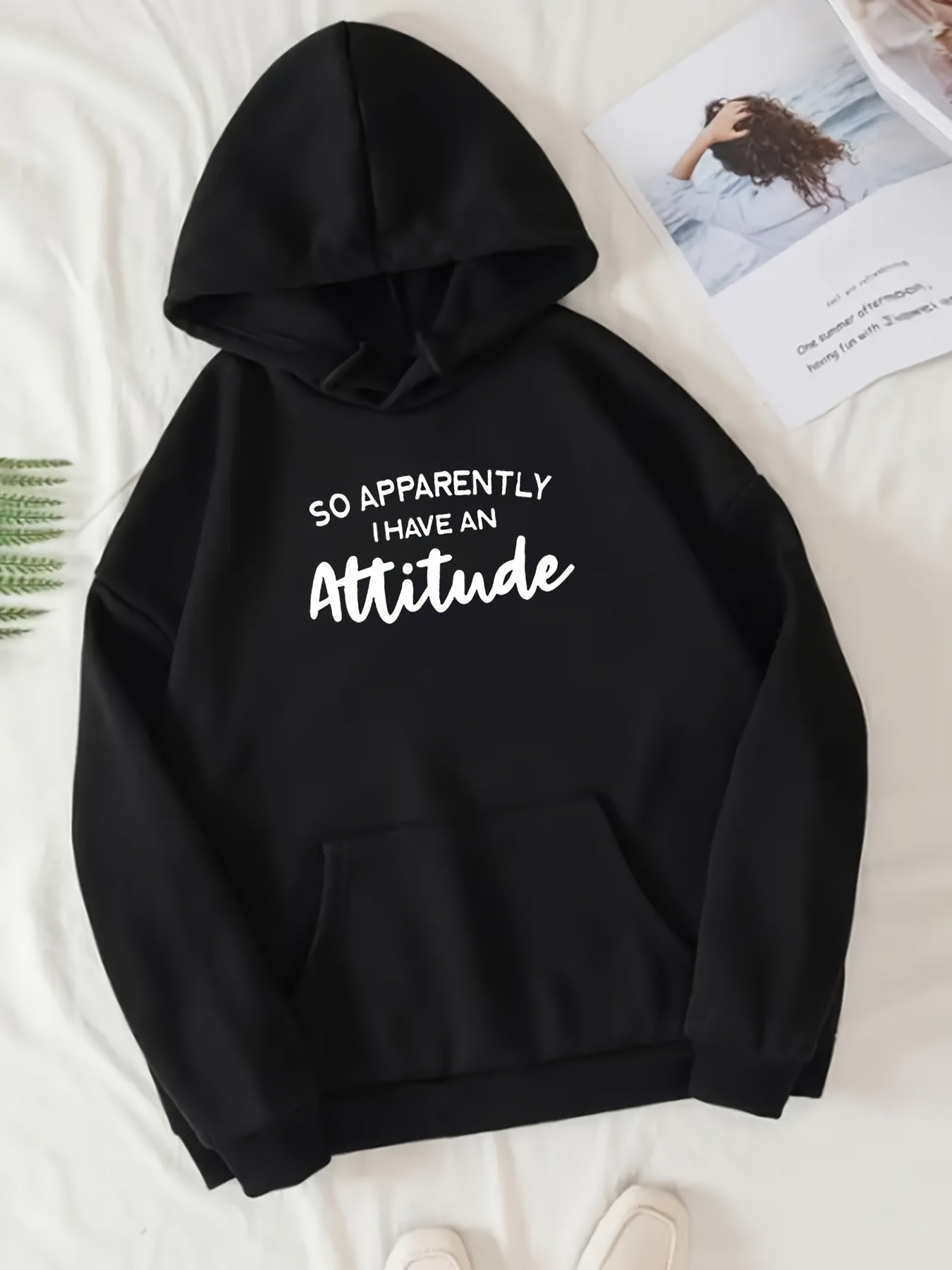 Attitude Print Hoodie with Kangaroo Pocket for Women