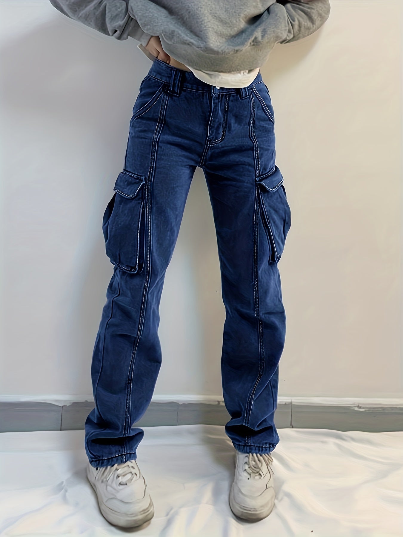 Side Flap Pocket Cargo Jeans Mid Waist Loose Fit Denim Pants