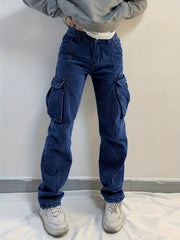 Side Flap Pocket Cargo Jeans Mid Waist Loose Fit Denim Pants