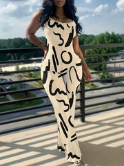 Graphic Print Wide Leg Cami Jumpsuit Sleeveless Pockets for Women