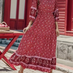 Boho Border Floral Print Maxi Dress Lantern Sleeve V Neck Ruffle Trim