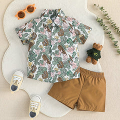 2pcs Baby Boys Floral Leaf Print Short Sleeve Shirt & Shorts Set