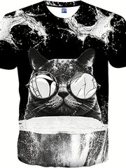 Vintage Cat Graphic T shirt for Men 3D Digital Print Crew Neck Tee