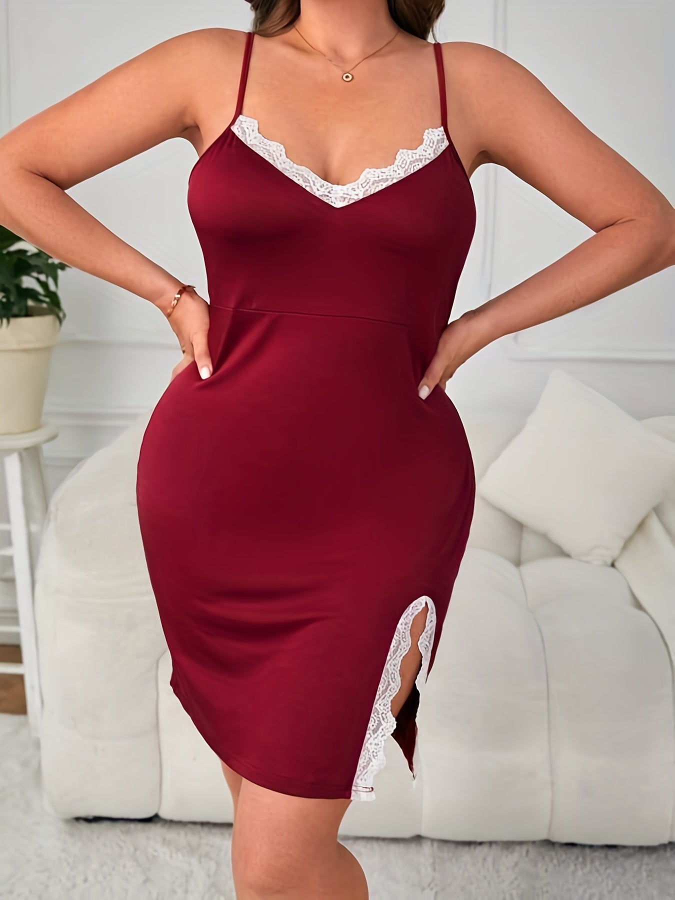 Sexy Nightdress Lace Trim V Neck Cami Sleep Dress