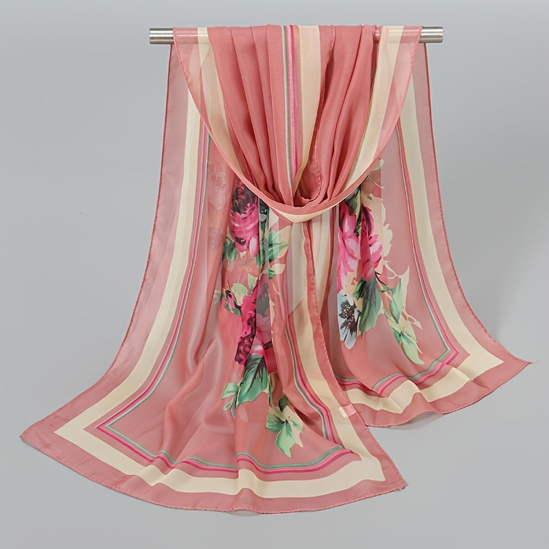 Flower Print Chiffon Scarf 150x04cm Elegant Sunscreen Silk Shawl
