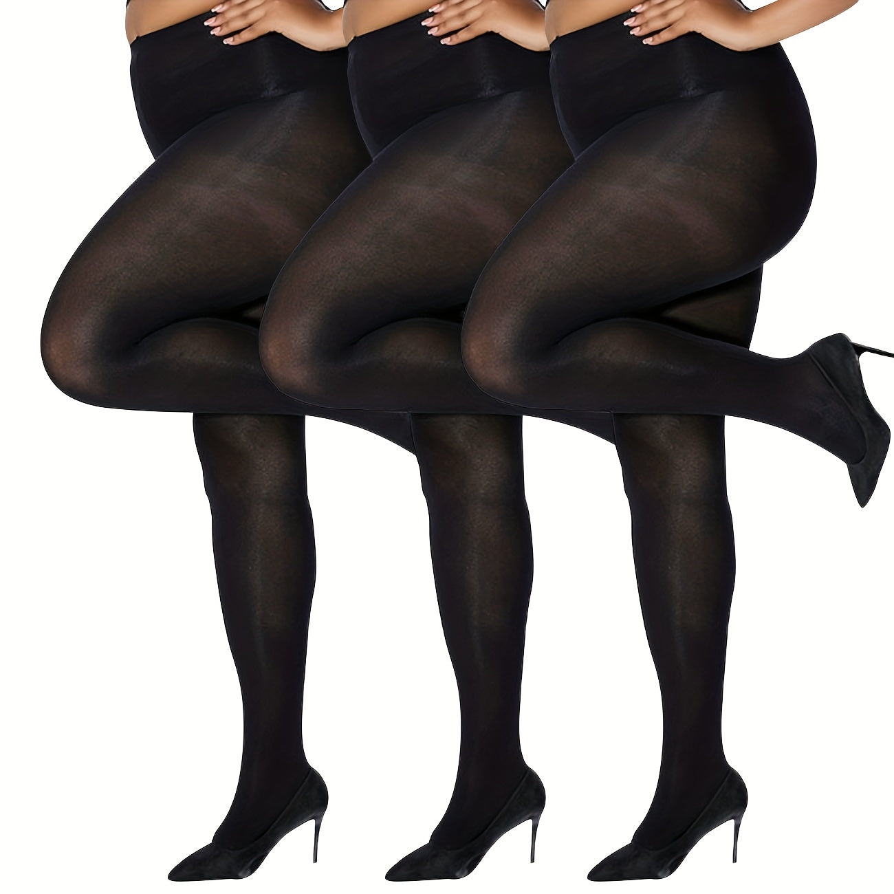 3 Pairs Plus Size Basic Pantyhose Set Women's Plus Solid Control Top