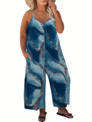 Marble Print Round Neck Wide Leg Cami Jumpsuit