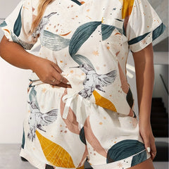Plus Size Retro Pajamas Set Leaf & Bird Print Tee & Shorts Lounge 2