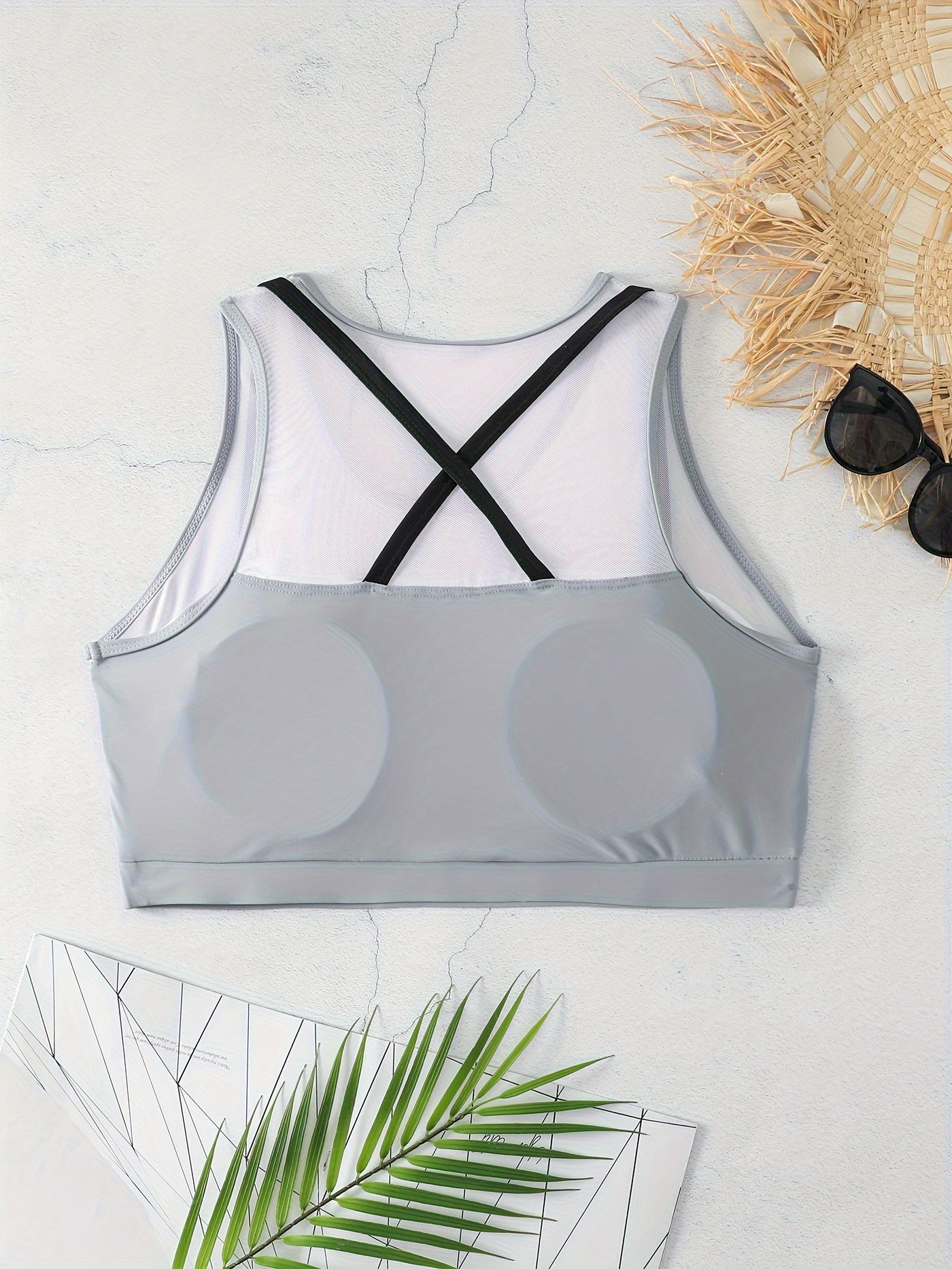 Sporty Plus Size Mesh Bikini Top Crisscross Back Swim Bra