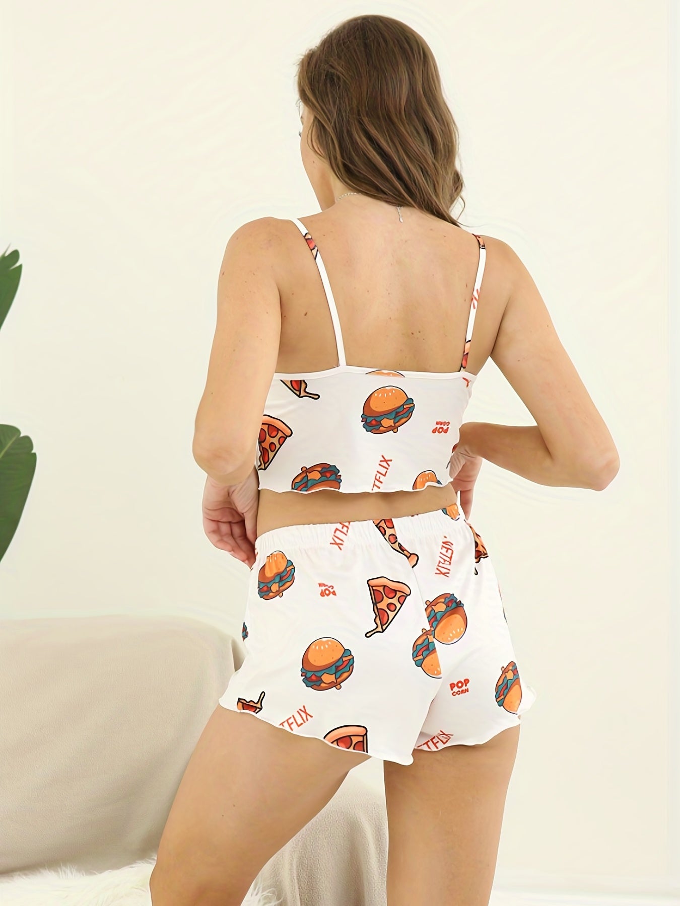 Funny Food Print Pajama Set Sleeveless Cami Top & Bow Shorts