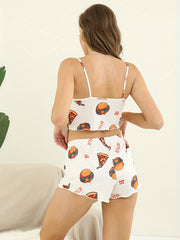 Funny Food Print Pajama Set Sleeveless Cami Top & Bow Shorts