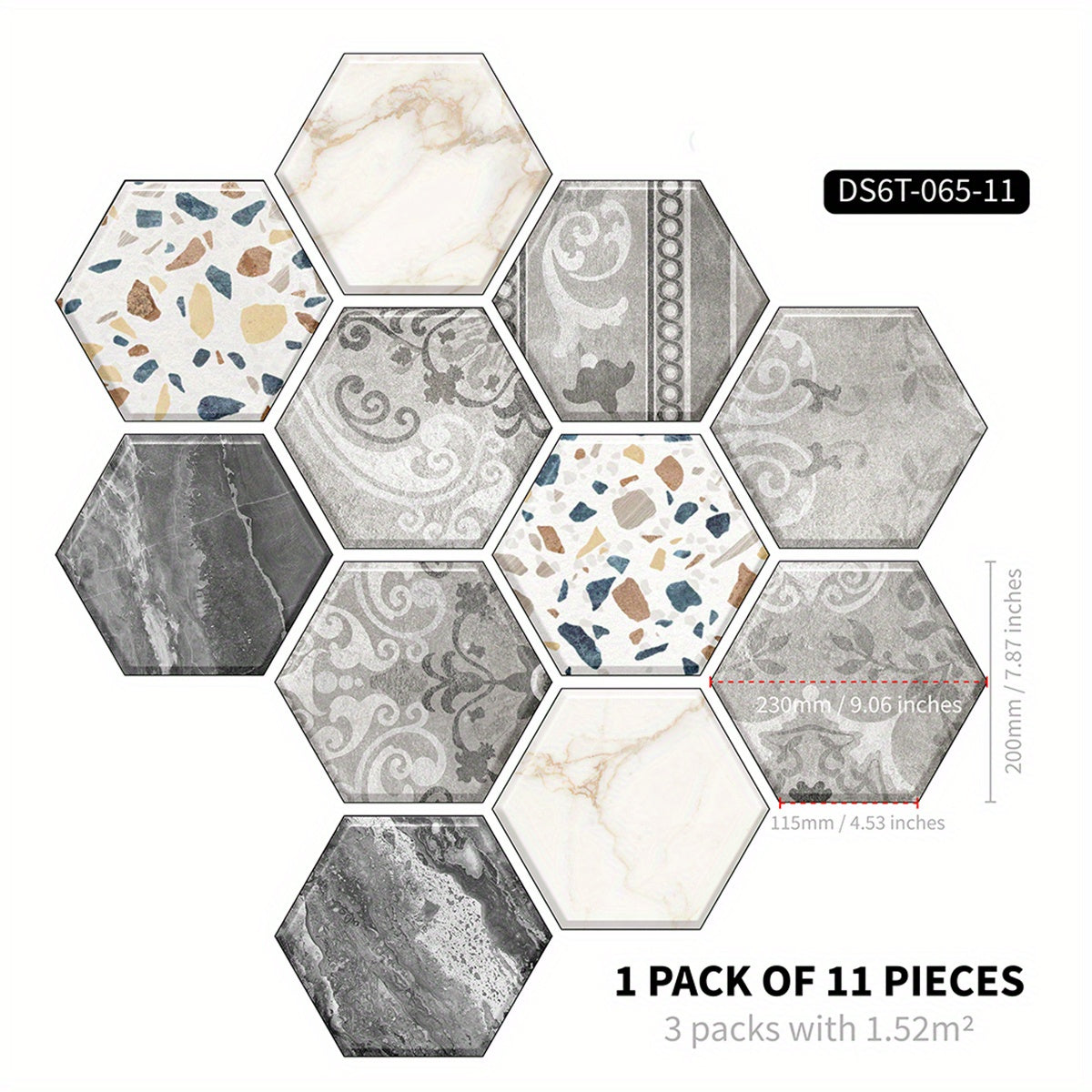 11pcs Bohemian Hexagon Floor Stickers Marble Pattern Waterproof Home Decor