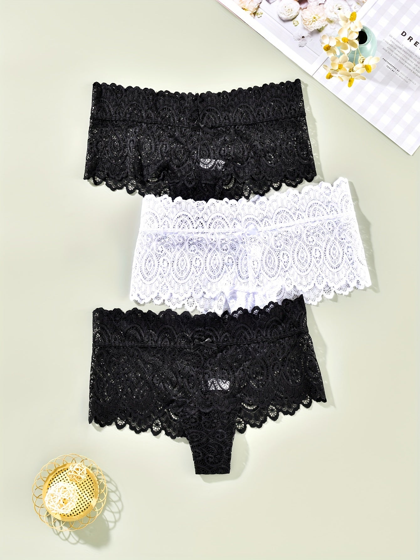3 Pack Plus Size Lace Panties Set Women's Floral Underwear