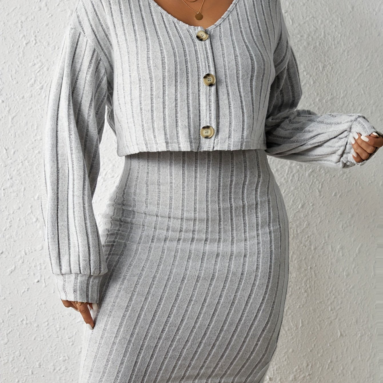 Plus Solid Ribbed Knit Round Neck Tank Dress & Long Sleeve Top Set