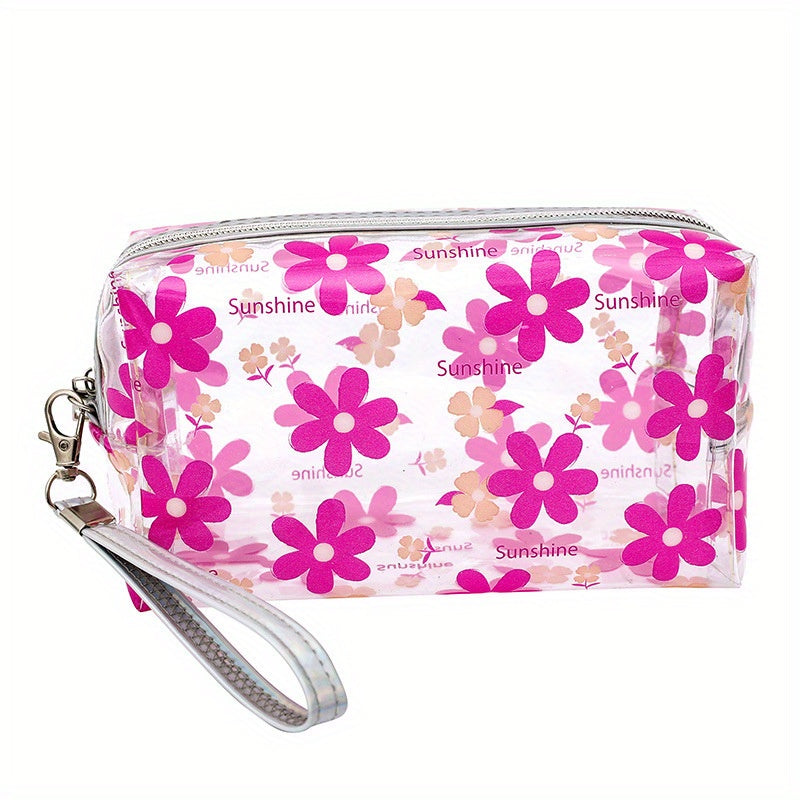 Floral Pattern PVC Makeup Bag Clear Cosmetic Bag With Wrist Strap