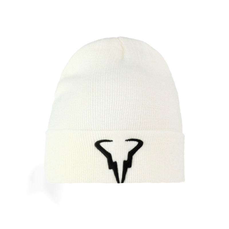 Embroidered Horn Knit Cuffed Beanie Hat