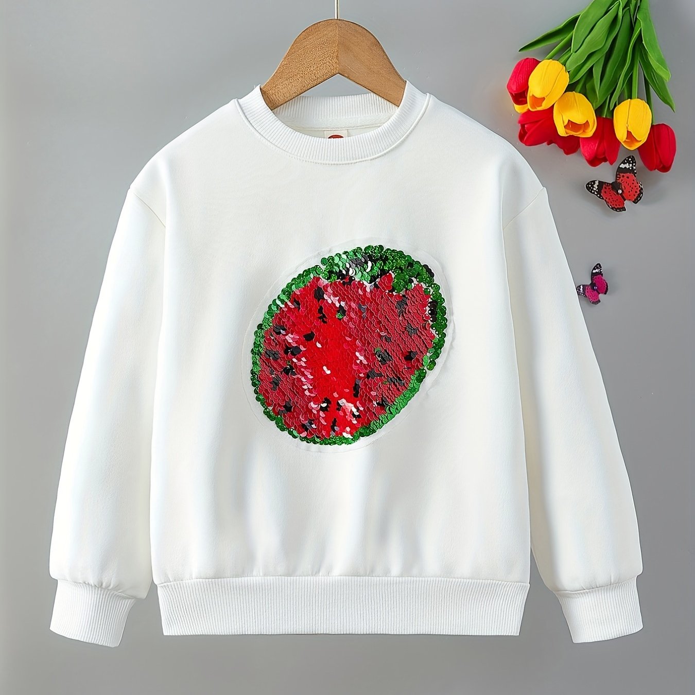 Strawberry Fleece Sweatshirt For Girls Round Neck Long Sleeve Top Pullovers