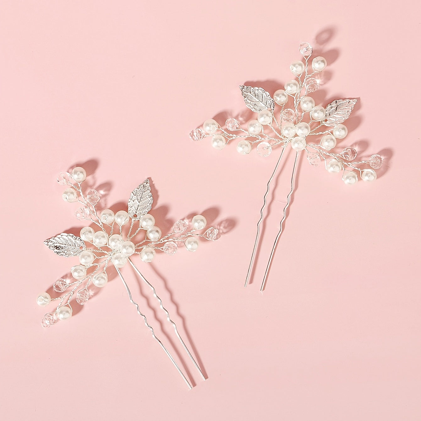 2pcs Silver Pearl Bridal Hair Pins Leaf Hair Accessories