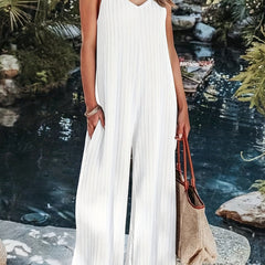 Solid V Neck Sleeveless Jumpsuit Wide Leg