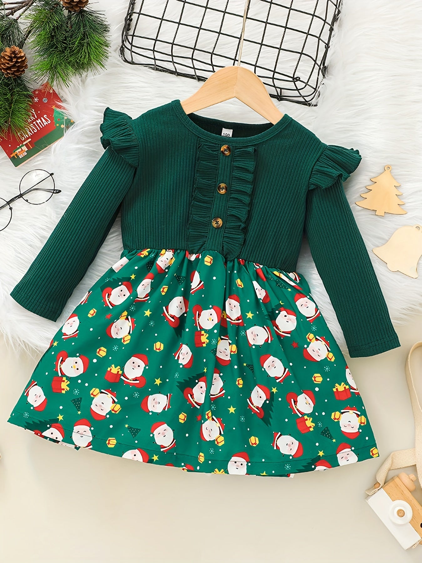 Santa Graphic Ribbed Long Sleeve Dress For Girls